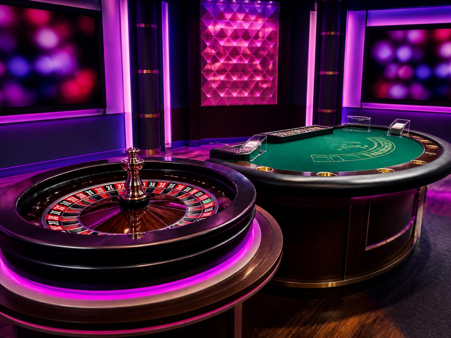 Live casino studio with roulette and blackjack tables
